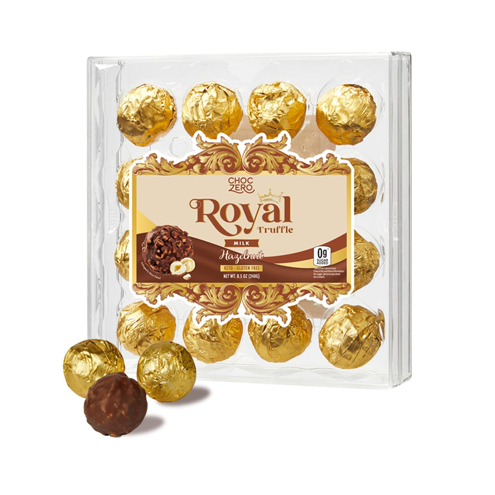 ChocZero milk chocolate hazelnut truffles in a gift box with gold wrappers, ideal for gifting.