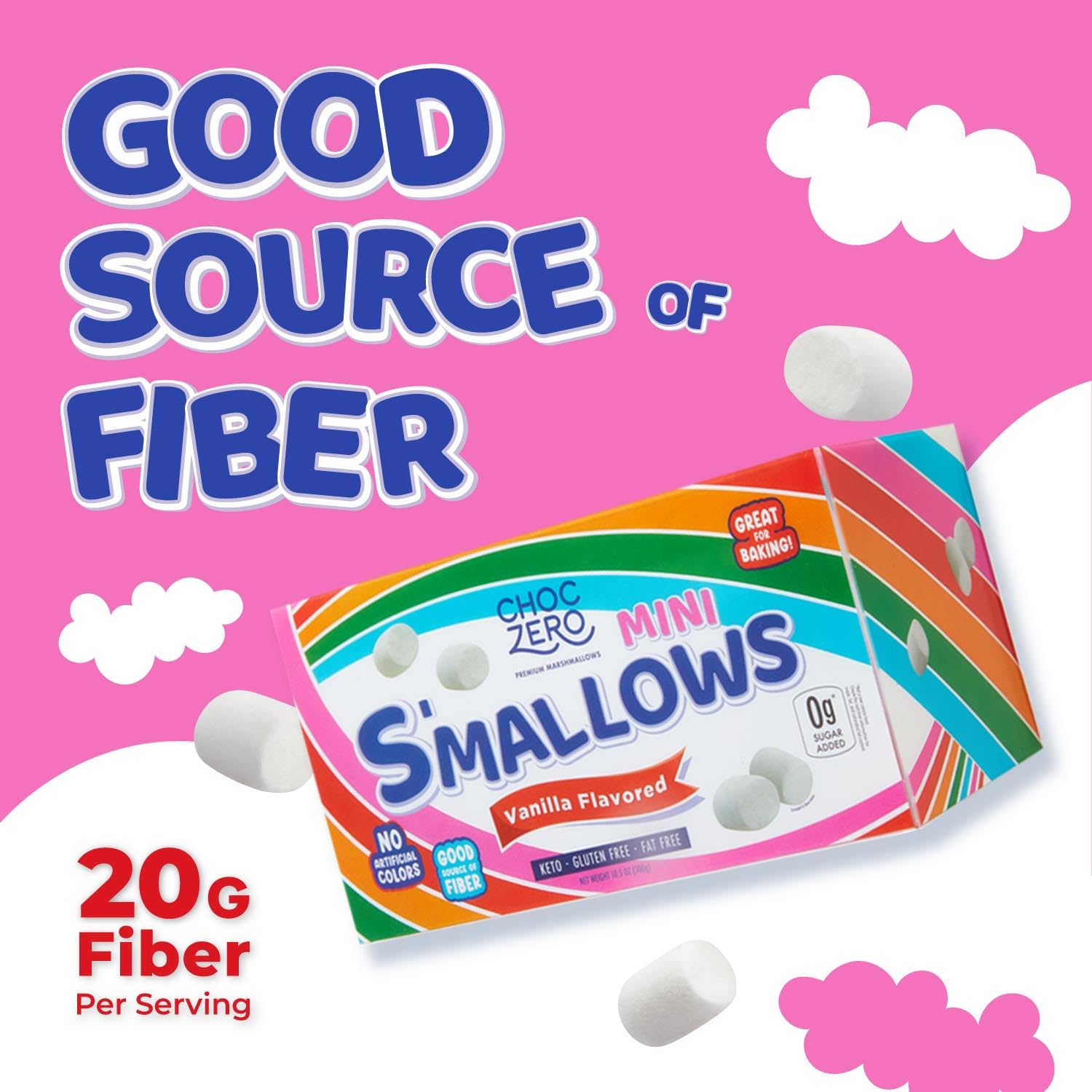 ChocZero Mini Marshmallows packaging-label, shows pack size and no sugar added.