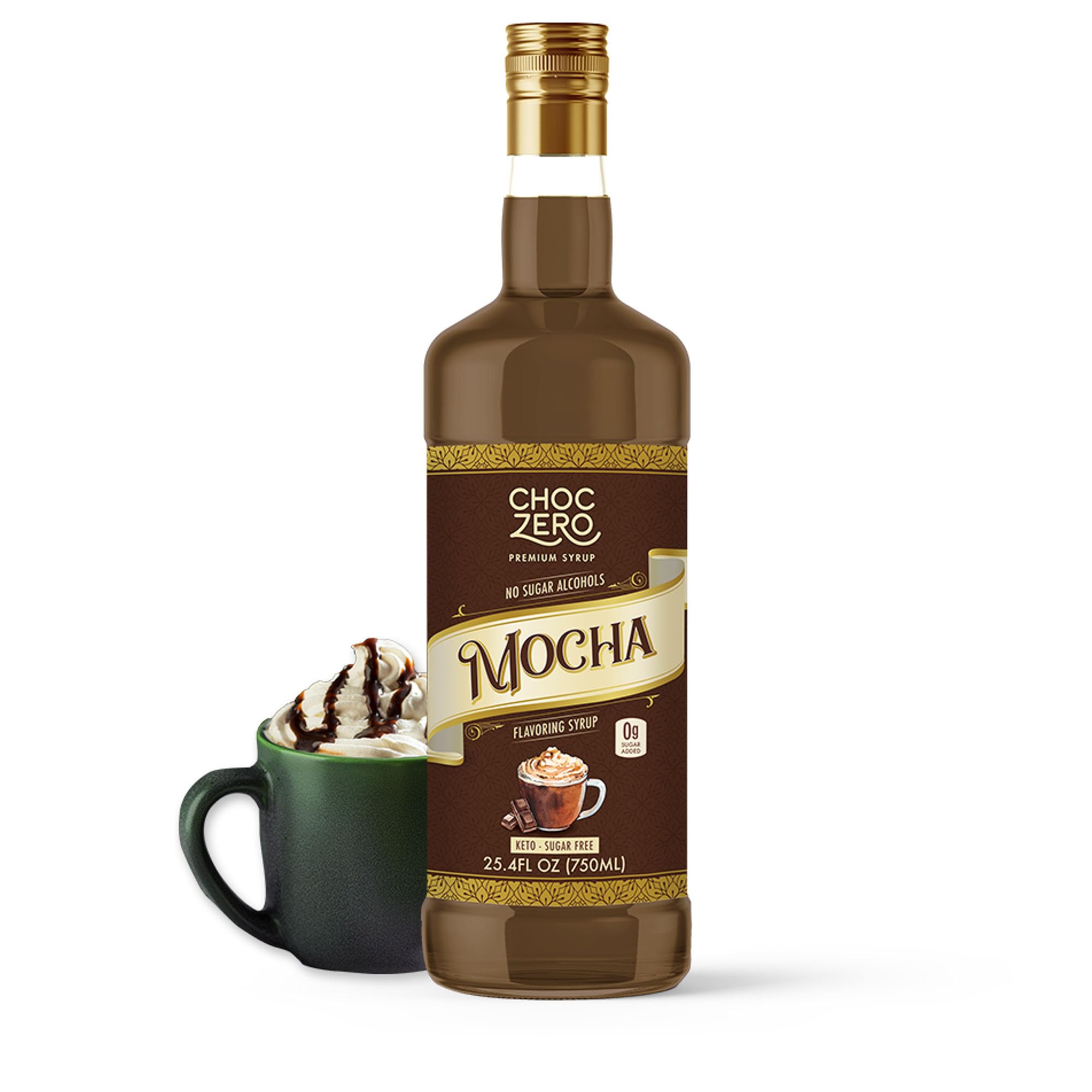 ChocZero Mocha Syrup bottle showcases keto-friendly flavor for coffee at home.