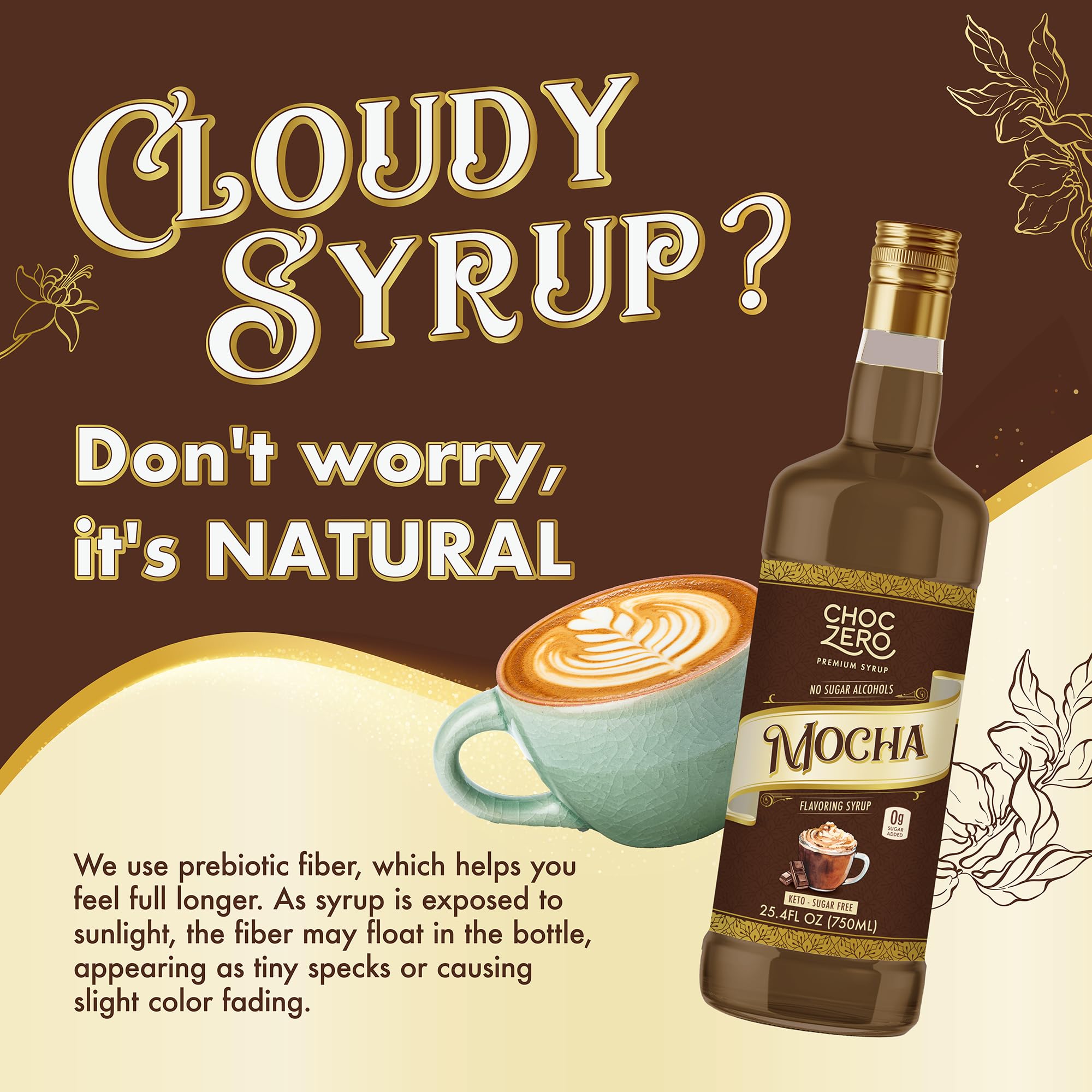 ChocZero Mocha Syrup ingredients label highlights monk fruit sweetness and no sugar alcohols.