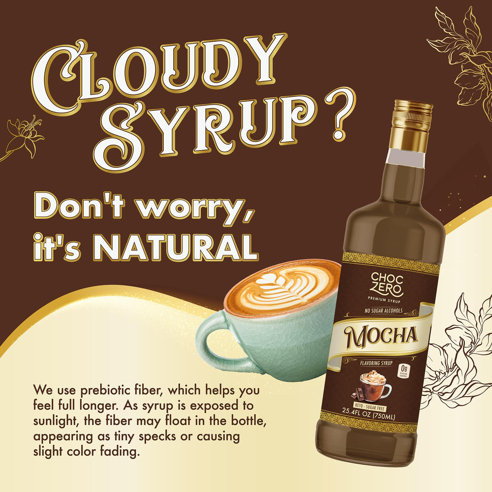ChocZero Mocha Syrup ingredients label highlights monk fruit sweetness and no sugar alcohols.