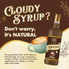 ChocZero Mocha Syrup ingredients label highlights monk fruit sweetness and no sugar alcohols.