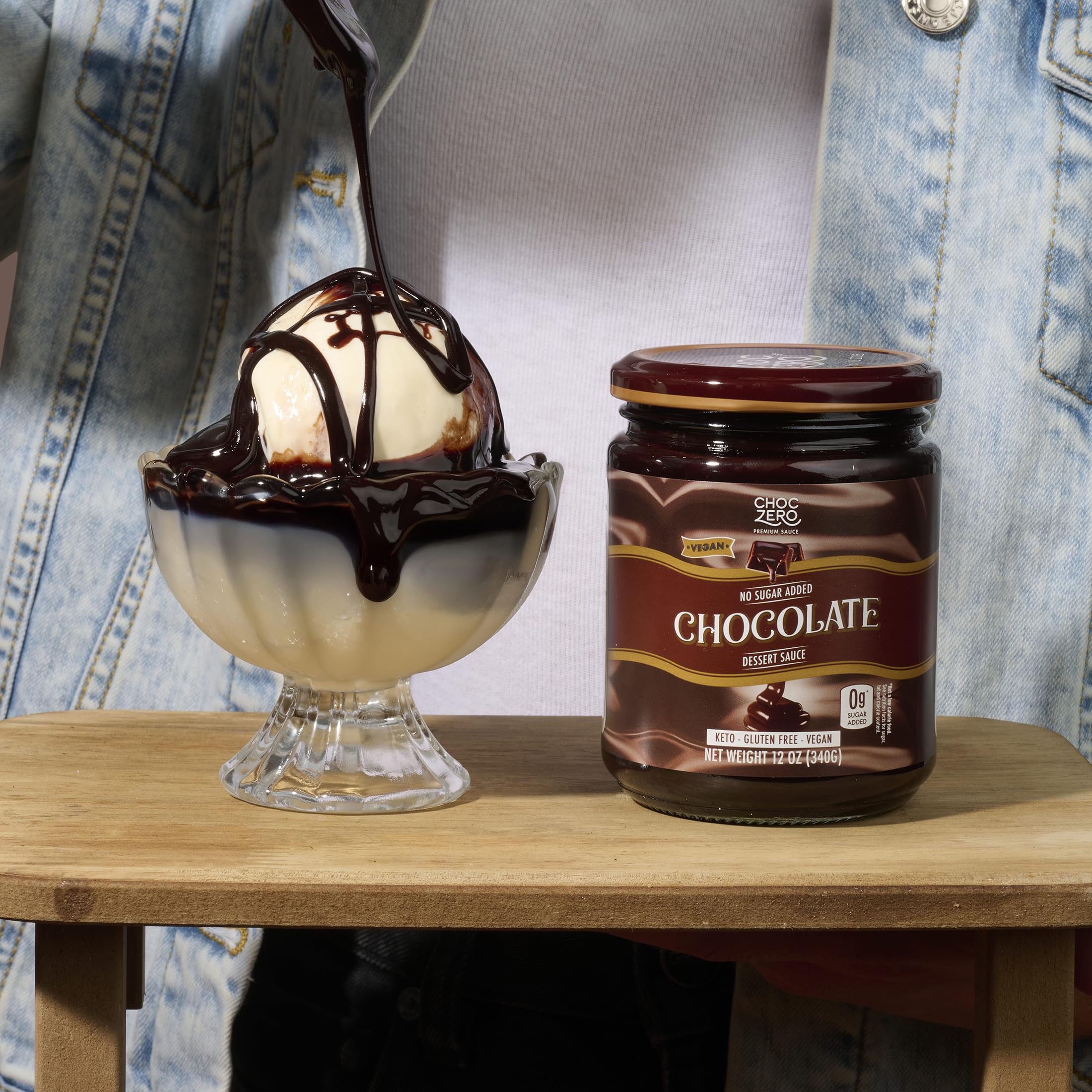 ChocZero monk fruit sweetened chocolate sauce close-up, natural sweetness for keto desserts.