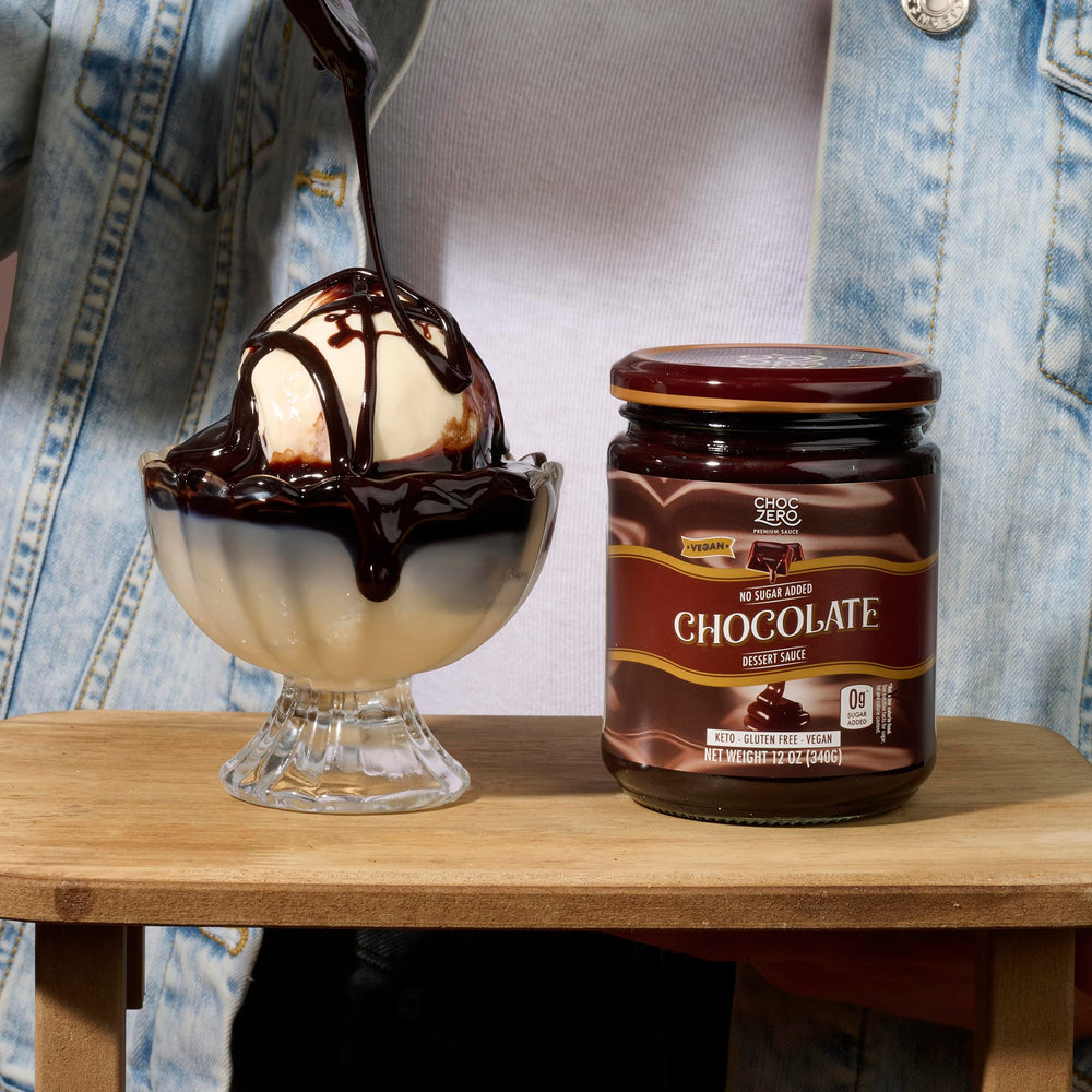 ChocZero monk fruit sweetened chocolate sauce close-up, natural sweetness for keto desserts.