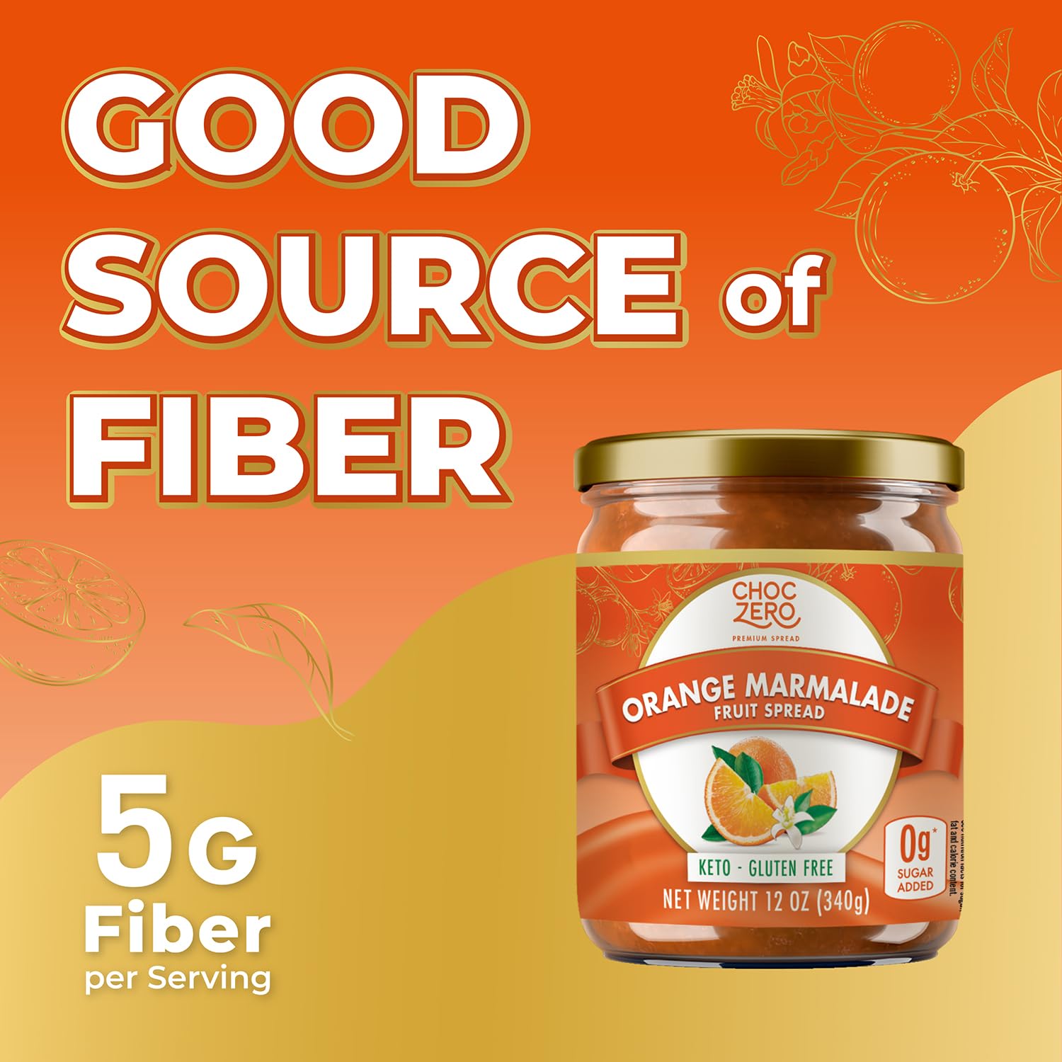 ChocZero orange marmalade ingredients label highlighting monk fruit and fiber.