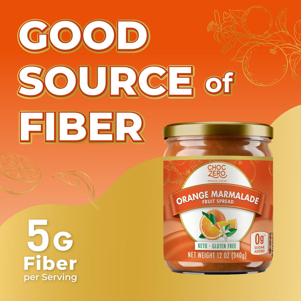 ChocZero orange marmalade ingredients label highlighting monk fruit and fiber.