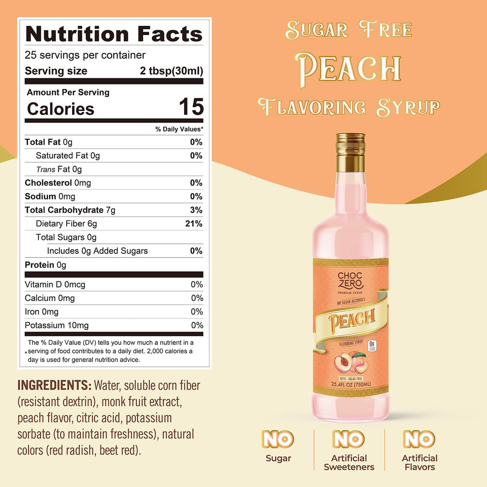 ChocZero Peach Flavoring Syrup coffee cup display emphasizing zero sugar