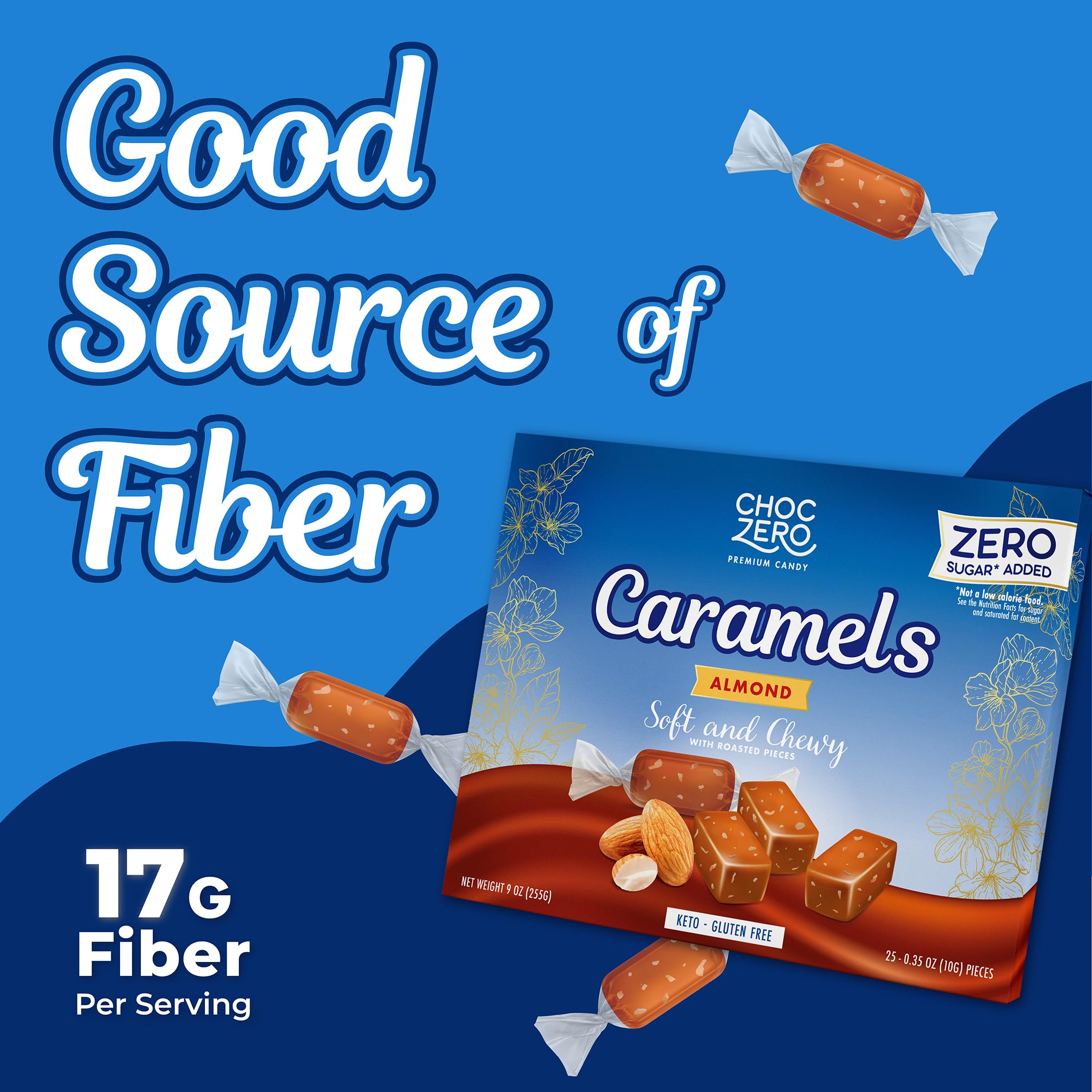 ChocZero prebiotic fiber per serving supports fiber intake in a tasty snack.