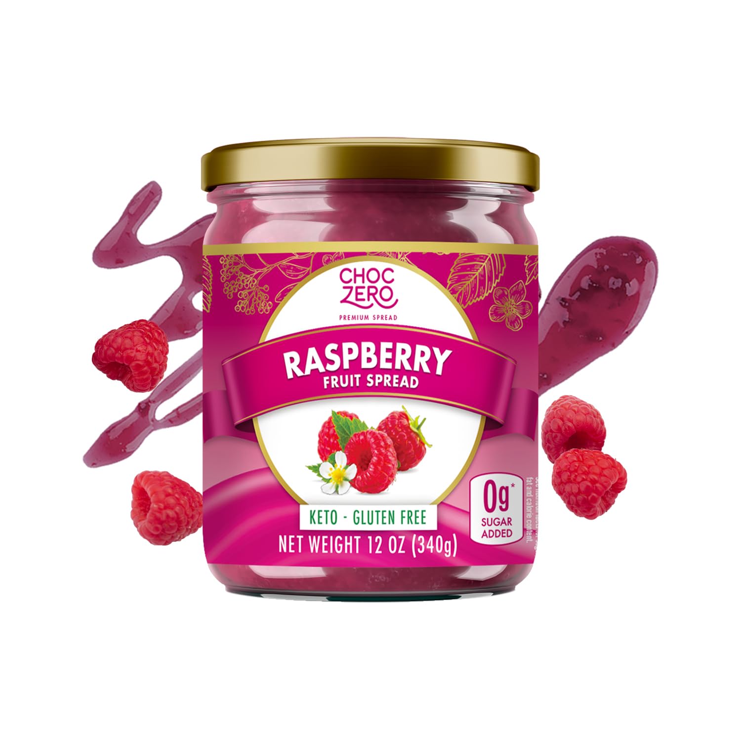 ChocZero Raspberry Jam jar close-up, sugar-free flavor for keto diets.