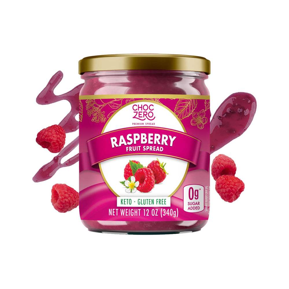 ChocZero Raspberry Jam jar close-up, sugar-free flavor for keto diets.