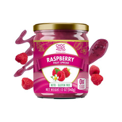 ChocZero Raspberry Jam jar close-up, sugar-free flavor for keto diets.