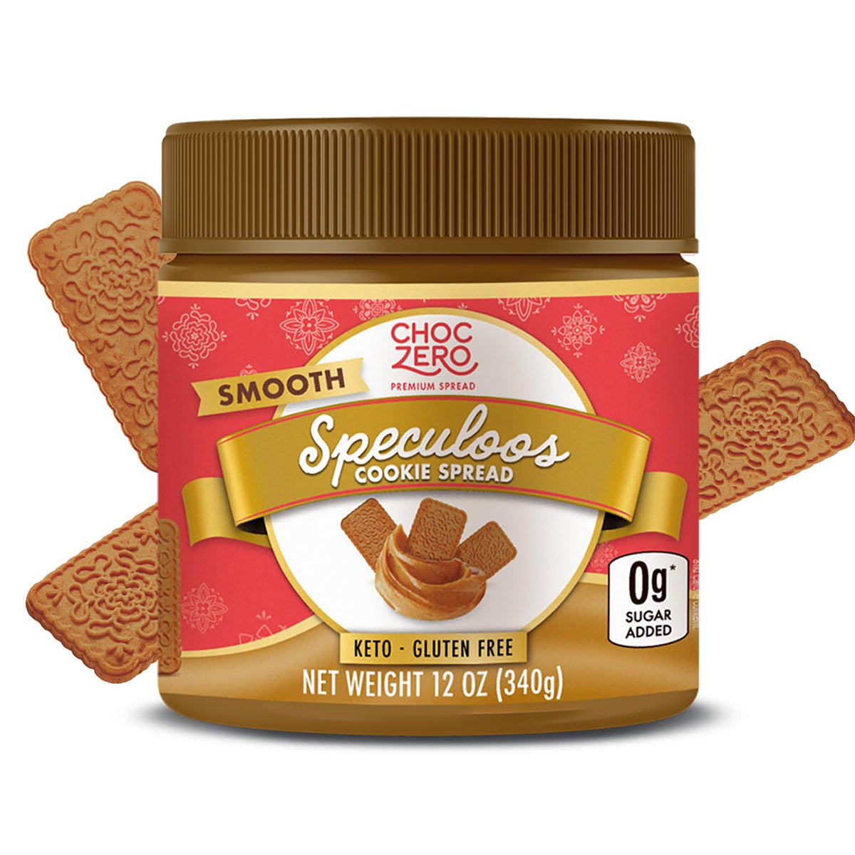 ChocZero Smooth Speculoos Spread jar shows creamy texture ideal for spreading.