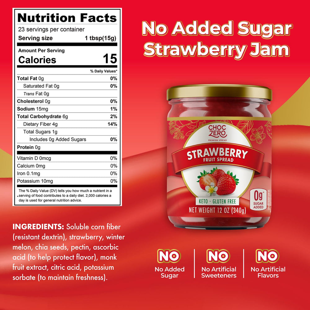ChocZero Keto Strawberry Spread jar opened, ready for spreading on toast