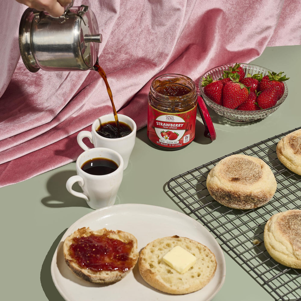 ChocZero Strawberry Spread on kitchen counter, convenient pantry idea