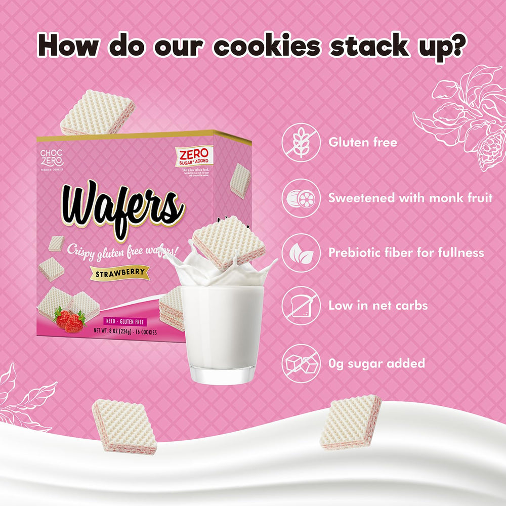 ChocZero Strawberry Wafer Cookies crisp texture with light wafers and creme.