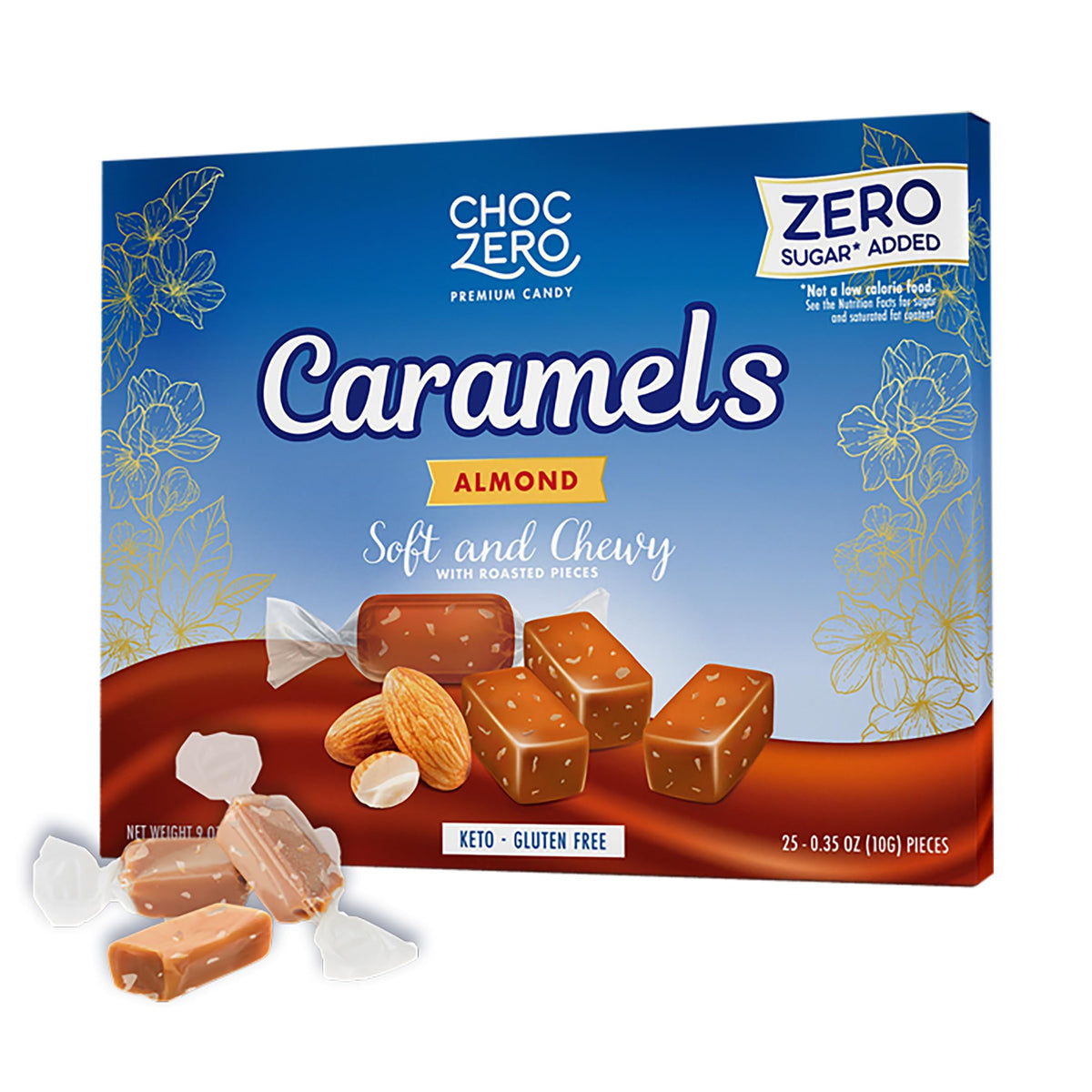 ChocZero sugar-free almond caramels with soft-chewy texture and roasted almonds, a low-carb snack.