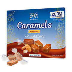 ChocZero sugar-free almond caramels with soft-chewy texture and roasted almonds, a low-carb snack.