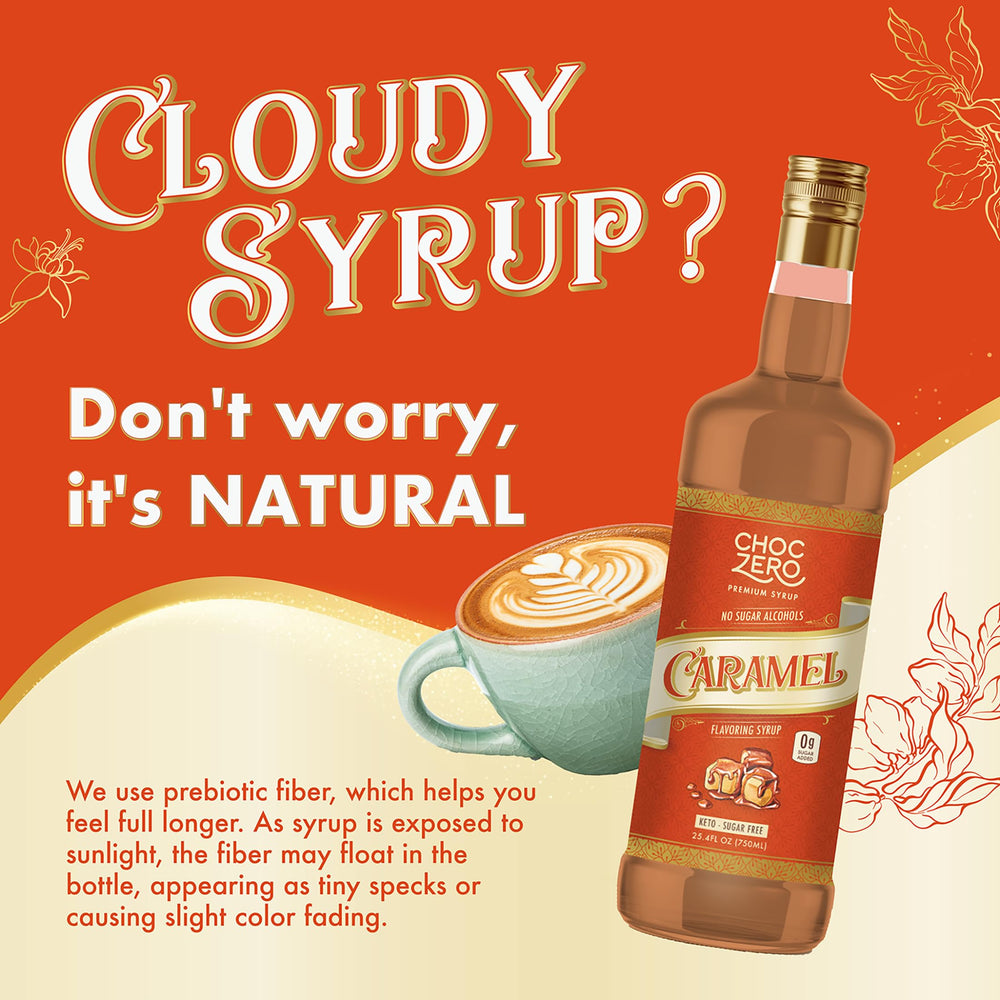 Close-up of ChocZero caramel syrup bottle highlights clean ingredients for healthier drinks.