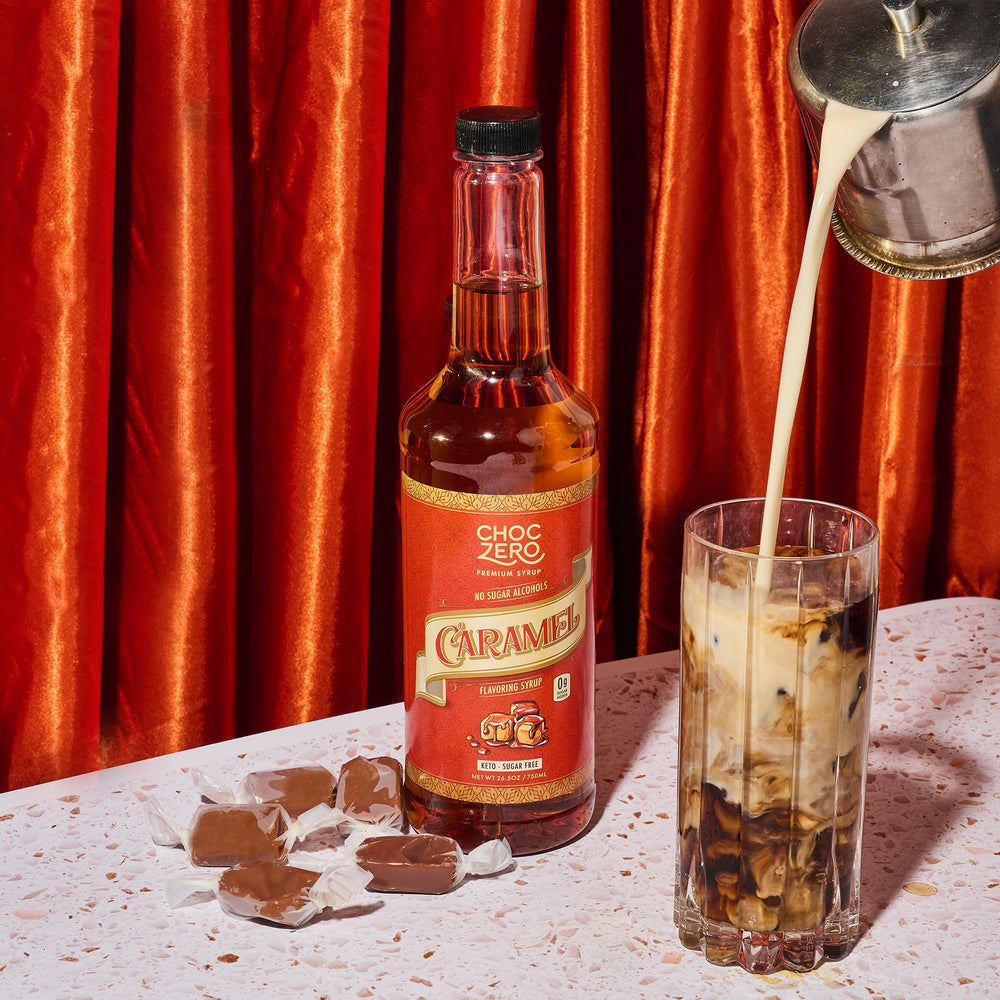 ChocZero sugar-free caramel syrup on a kitchen counter suggests easy keto sweetness.