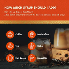 ChocZero caramel syrup being pumped into a drink showing concentrated caramel flavor.
