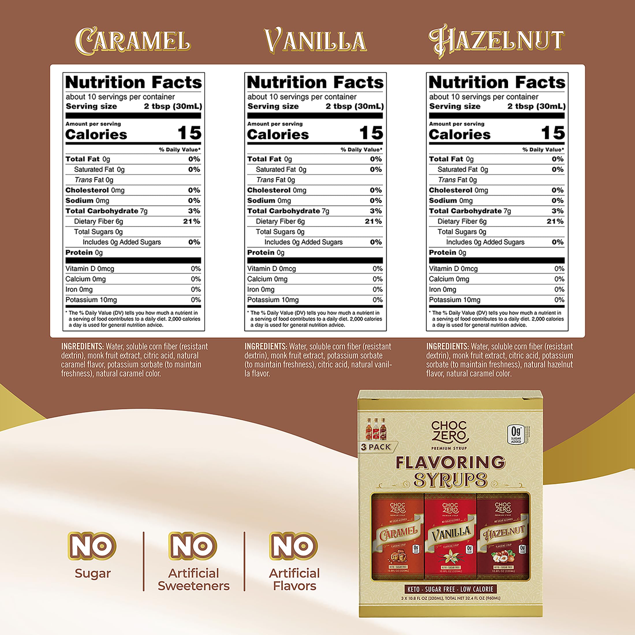 ChocZero caramel sugar-free syrup bottle adds sweet, low-calorie coffee flavor.