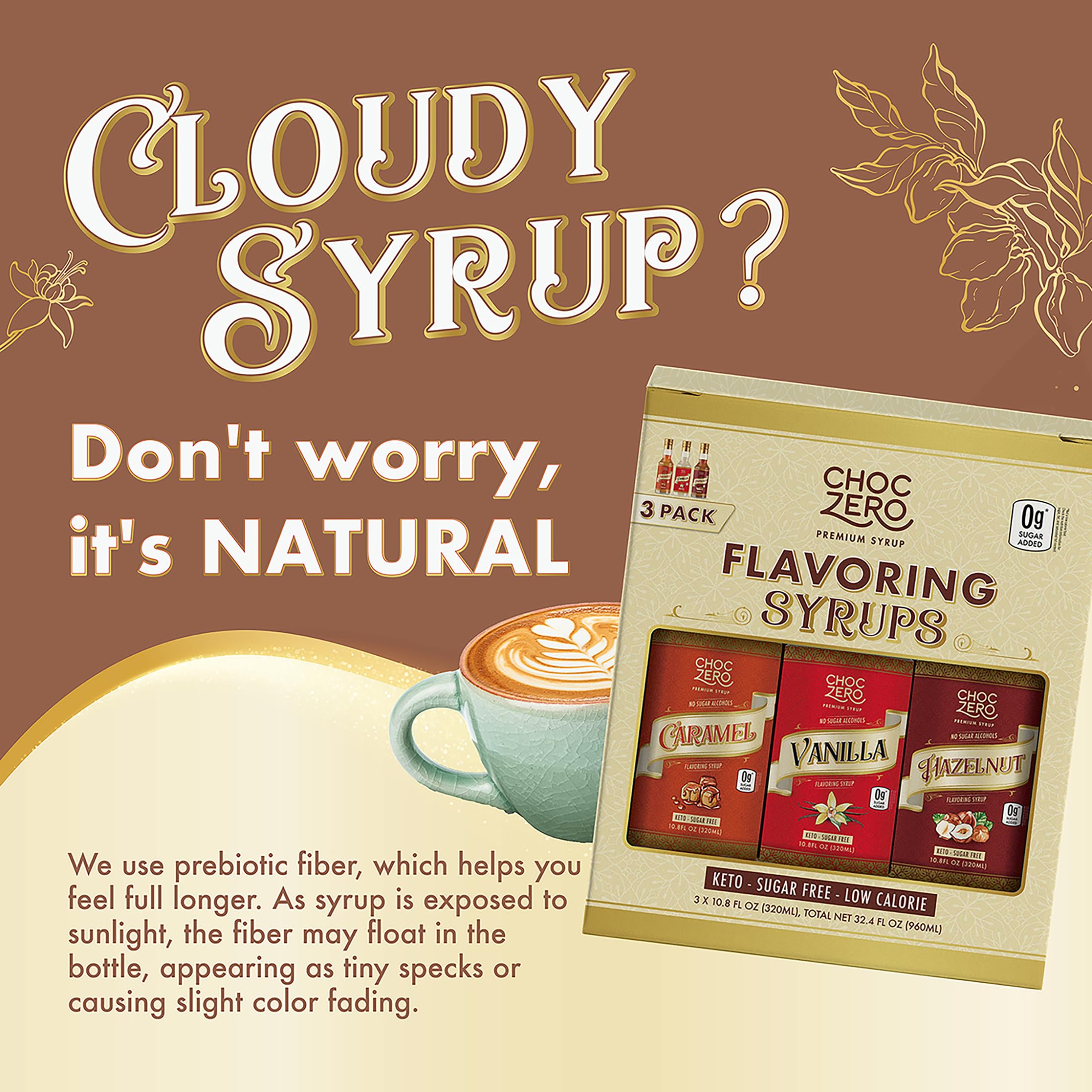 ChocZero hazelnut sugar-free syrup bottle for rich dairy-free crema.