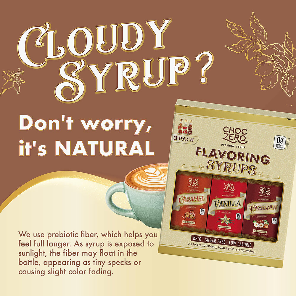 ChocZero hazelnut sugar-free syrup bottle for rich dairy-free crema.