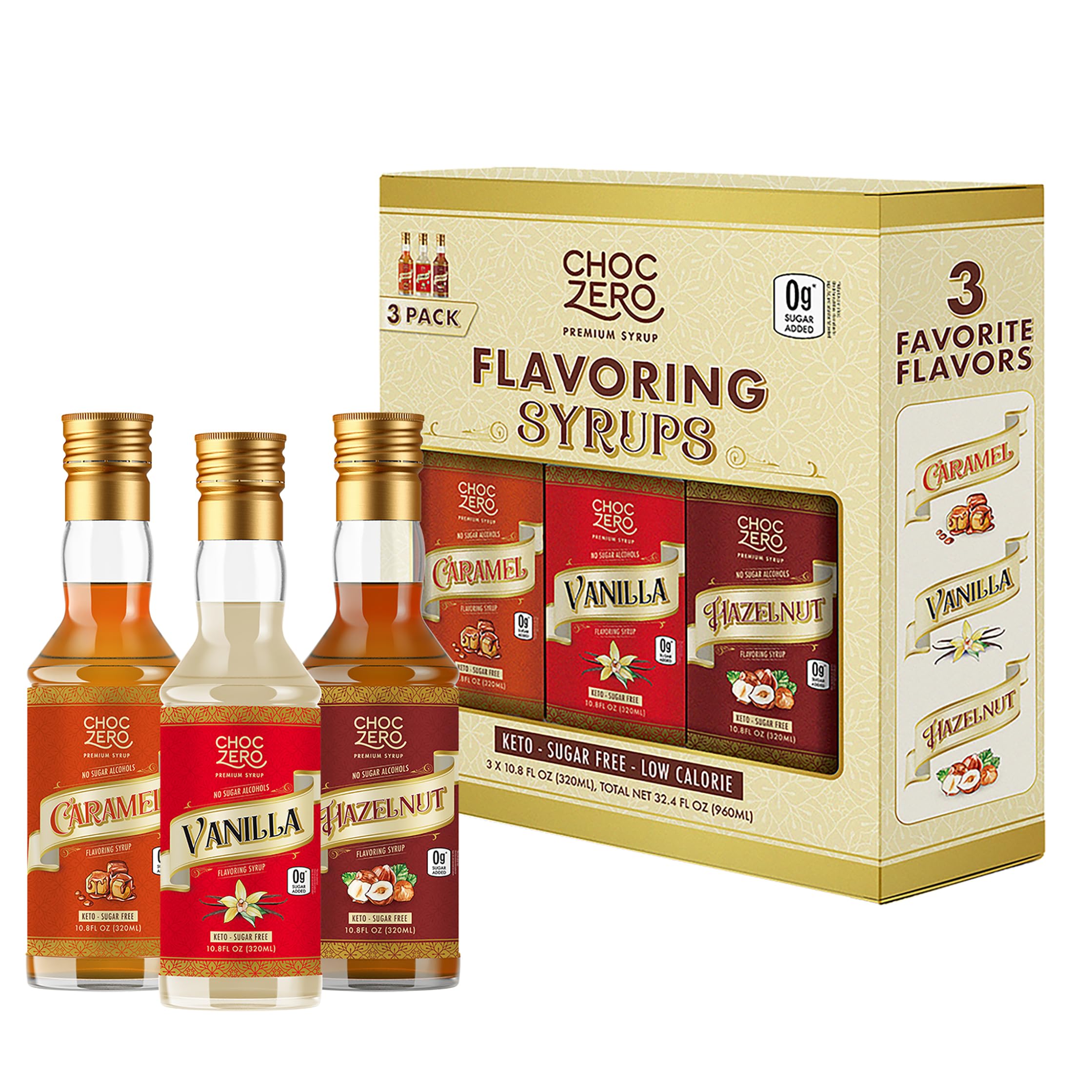 ChocZero vanilla sugar-free coffee syrup bottle boosts keto-friendly flavor.