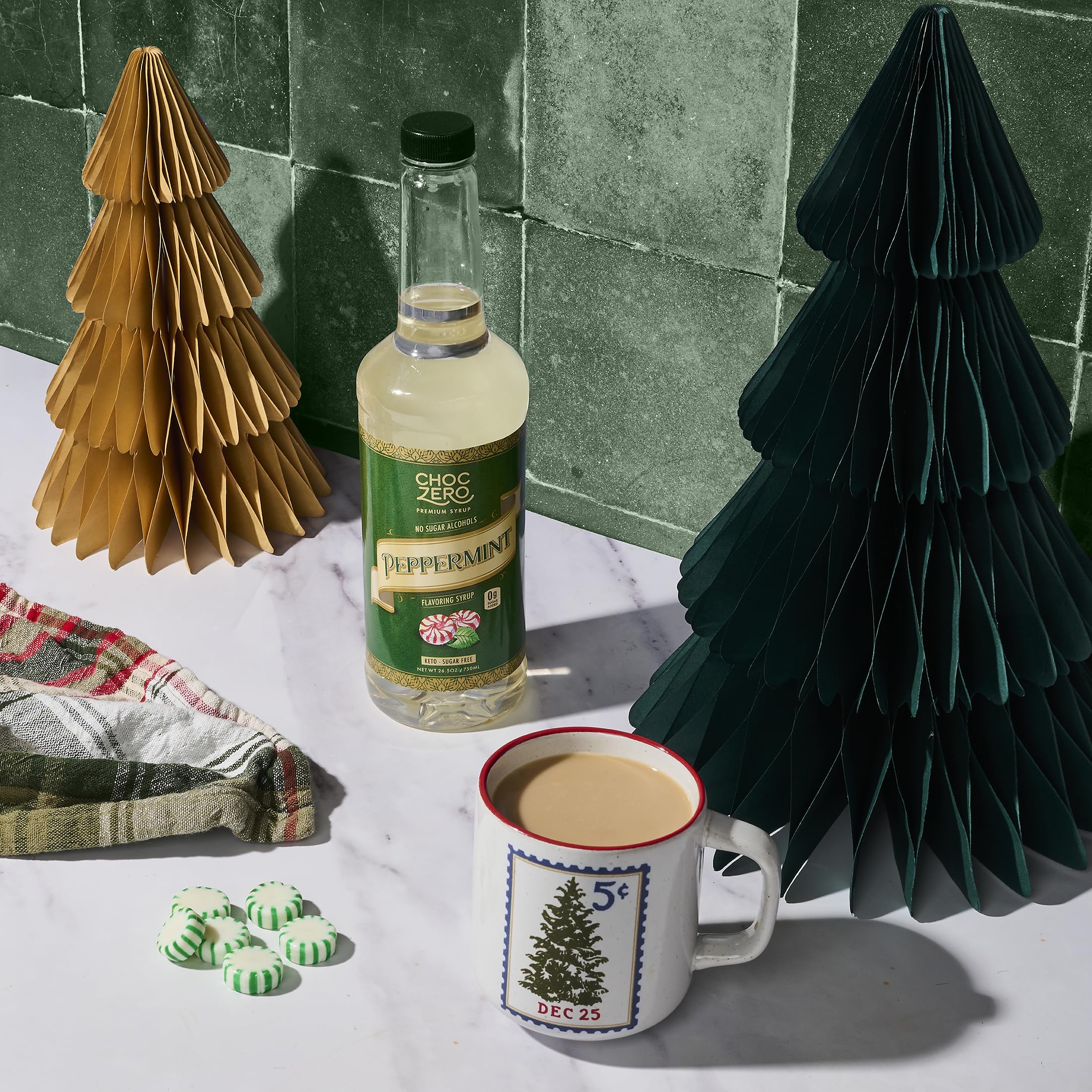 ChocZero Peppermint Syrup kitchen scene shows easy flavoring at home.
