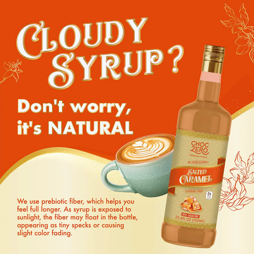 ChocZero Sugar Free Coffee Syrup salted caramel latte with depth minus sugar.