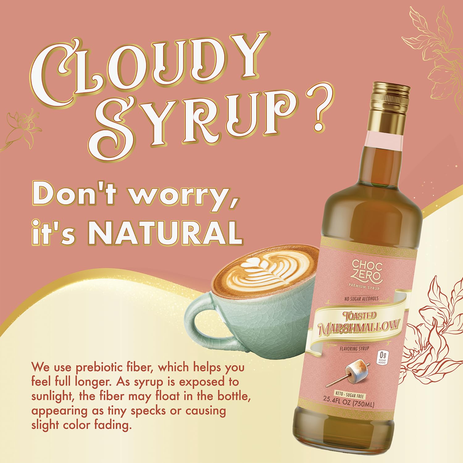 ChocZero toasted marshmallow syrup label highlighting vegan, gluten-free, keto-friendly features
