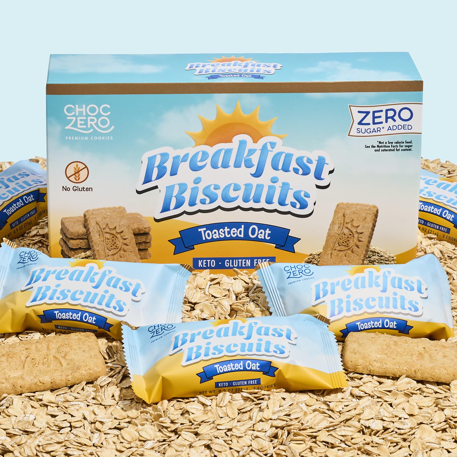 ChocZero toasted oat breakfast biscuits beside tea, ideal mid-morning snack.