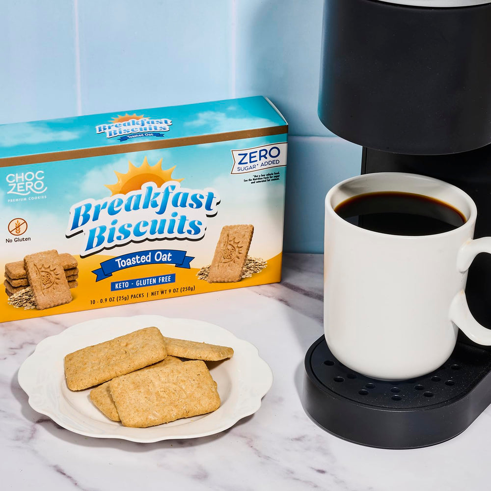 ChocZero toasted oat breakfast biscuits wrapper close-up, showcasing keto-friendly branding.