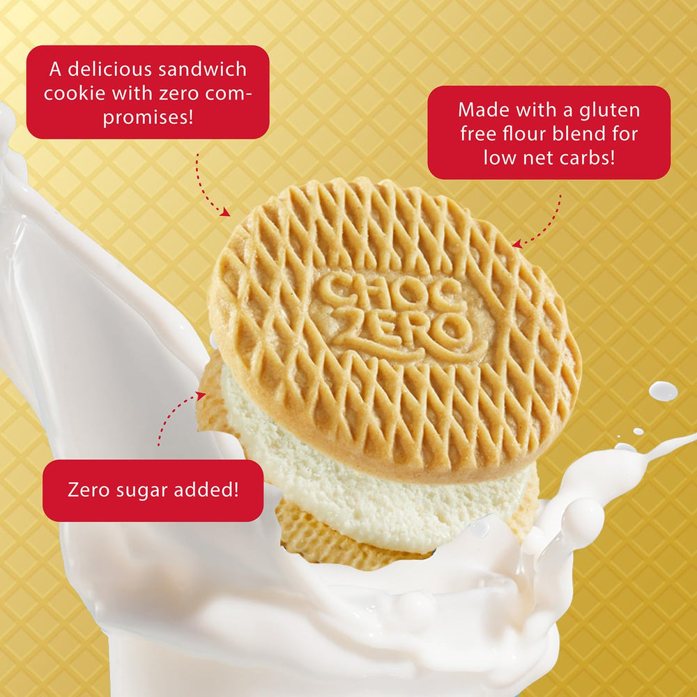 ChocZero vanilla sandwich cookies dunked in tea, perfect for quick breaks.