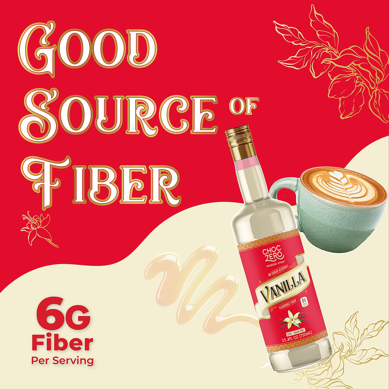 ChocZero vanilla syrup prebiotic fiber label indicates gut-friendly sweetness.