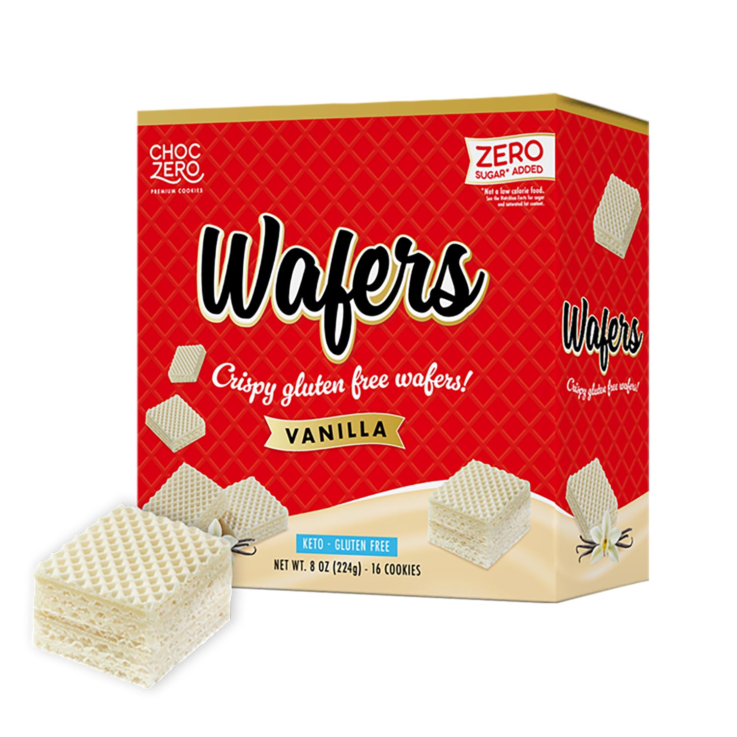 ChocZero Vanilla Wafer Cookies box, keto-friendly with no added sugar.