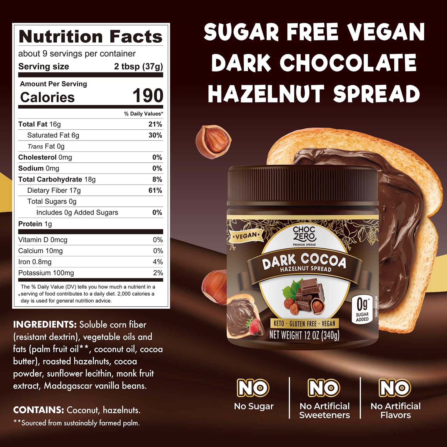ChocZero spread close-up highlighting dark cocoa and roasted filberts for dairy-free delight