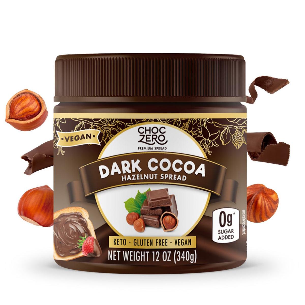 ChocZero vegan cocoa hazelnut spread jar showing rich texture for keto-friendly snacking