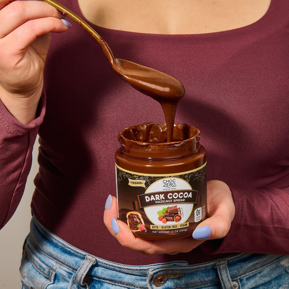 ChocZero label close-up emphasizing gluten-free and high-fiber claims