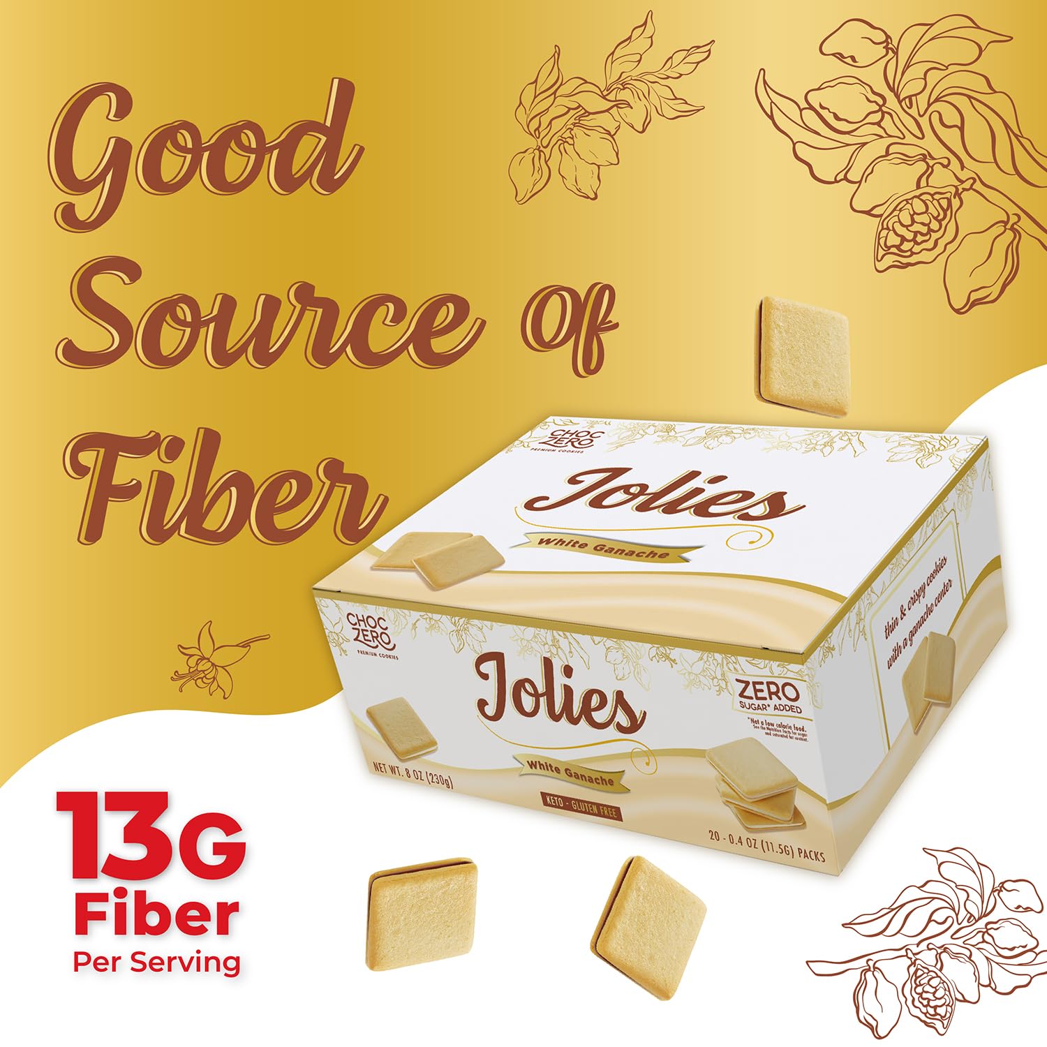 ChocZero Jolies three-cookie serving showcases fiber-rich snack option.