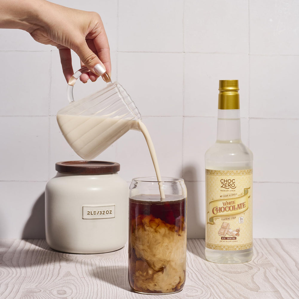 ChocZero white chocolate syrup used in baking and dessert prep.