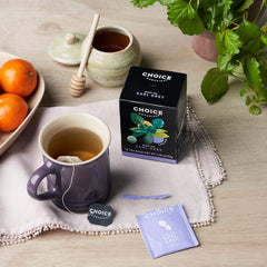 Choice Organic Teas Earl Grey delivers about 50 mg caffeine per bag for a gentle pick-me-up.