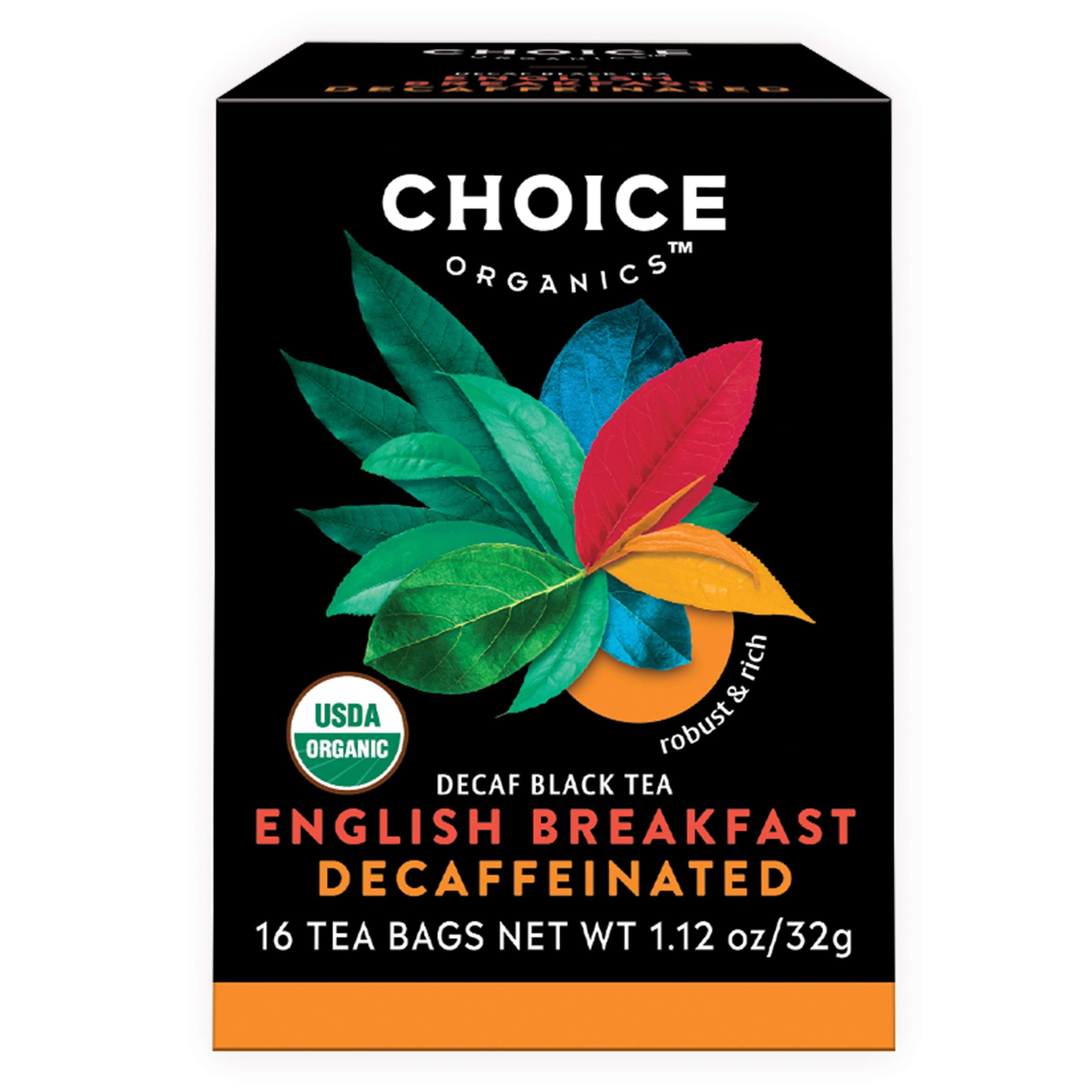 Choice Organic Teas decaffeinated English Breakfast tea box with compostable packaging.