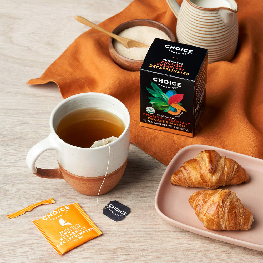 Choice Organic Teas decaffeinated English Breakfast teacup with comforting steam.