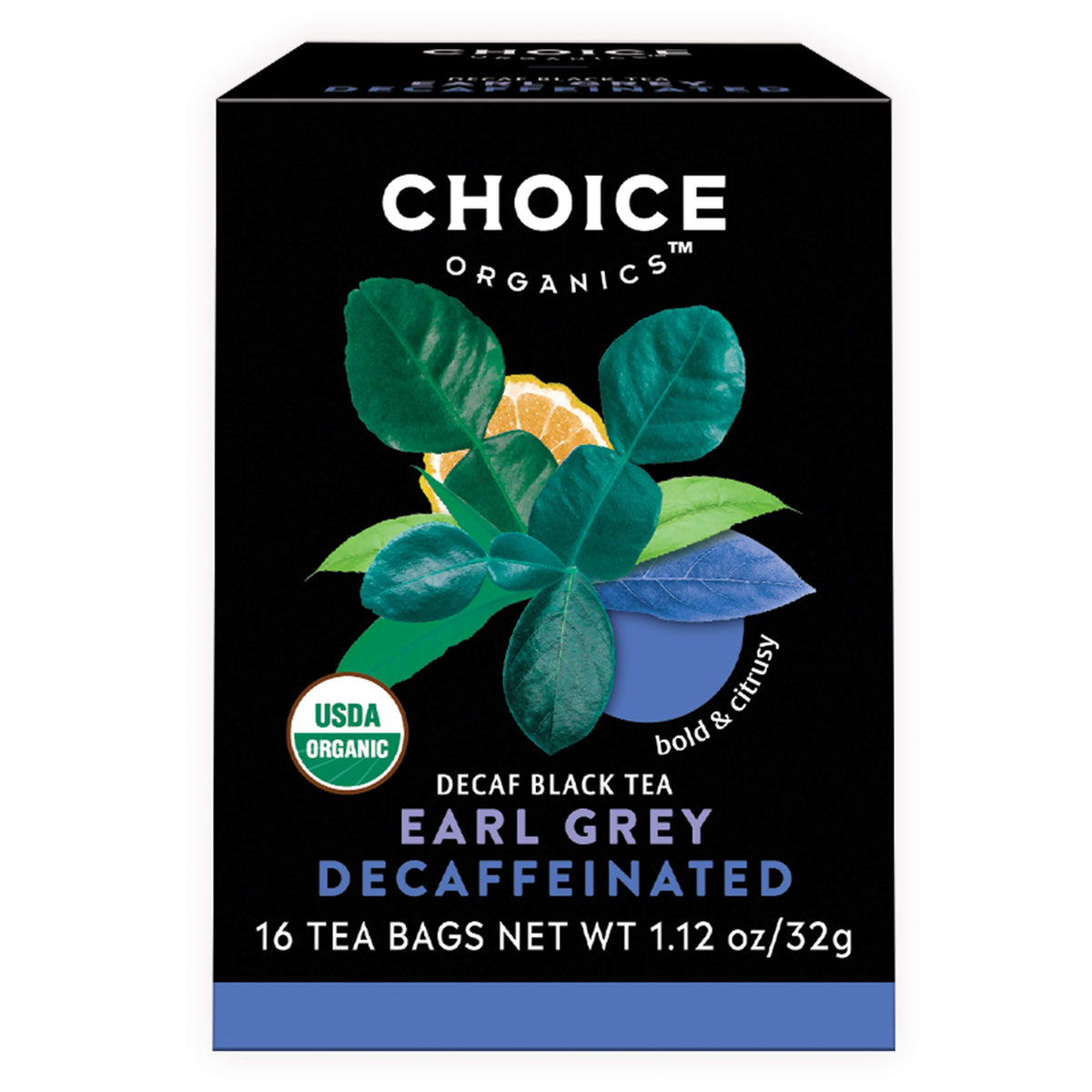 Choice Organic Teas Earl Grey decaf with bergamot in packaging.