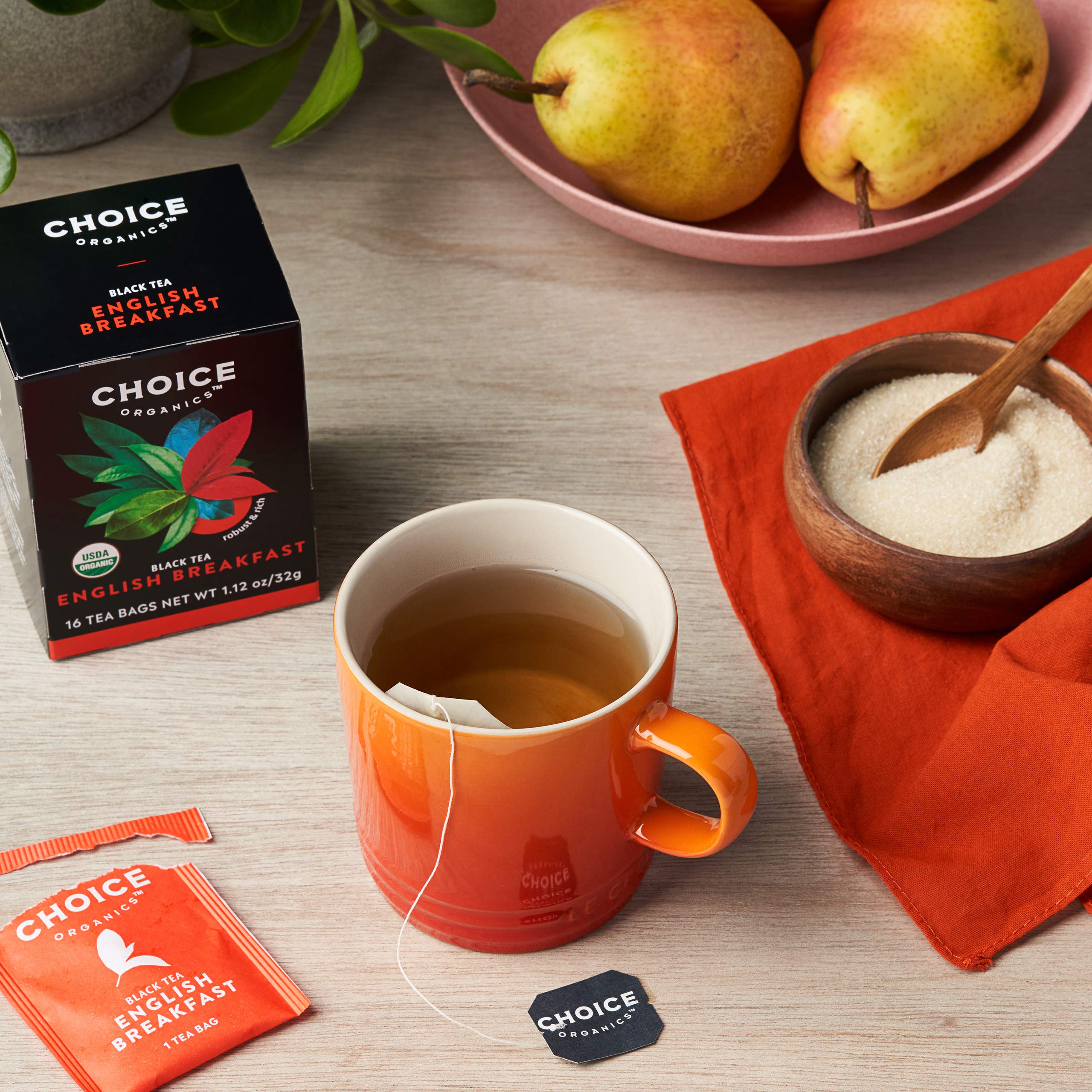 Choice Organic Teas English Breakfast brewed cup with inviting aroma.