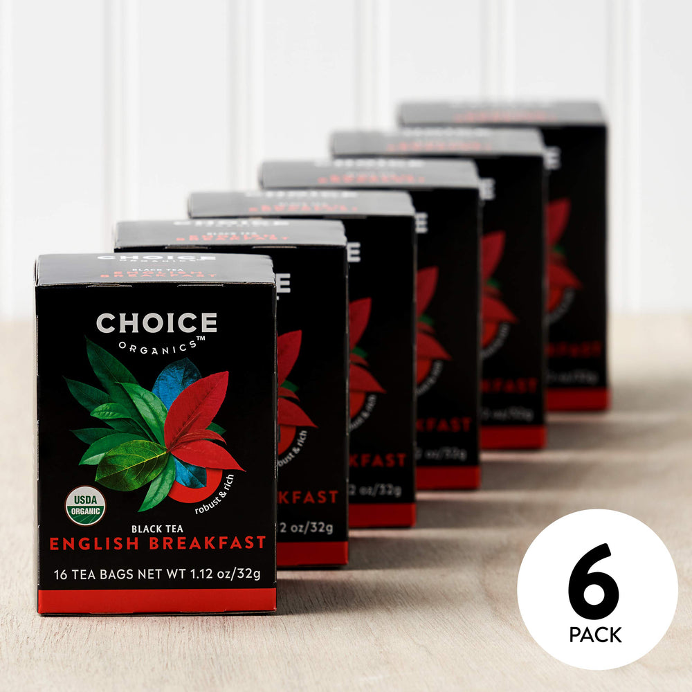 Choice Organic Teas English Breakfast compostable tea bags—less waste per cup.