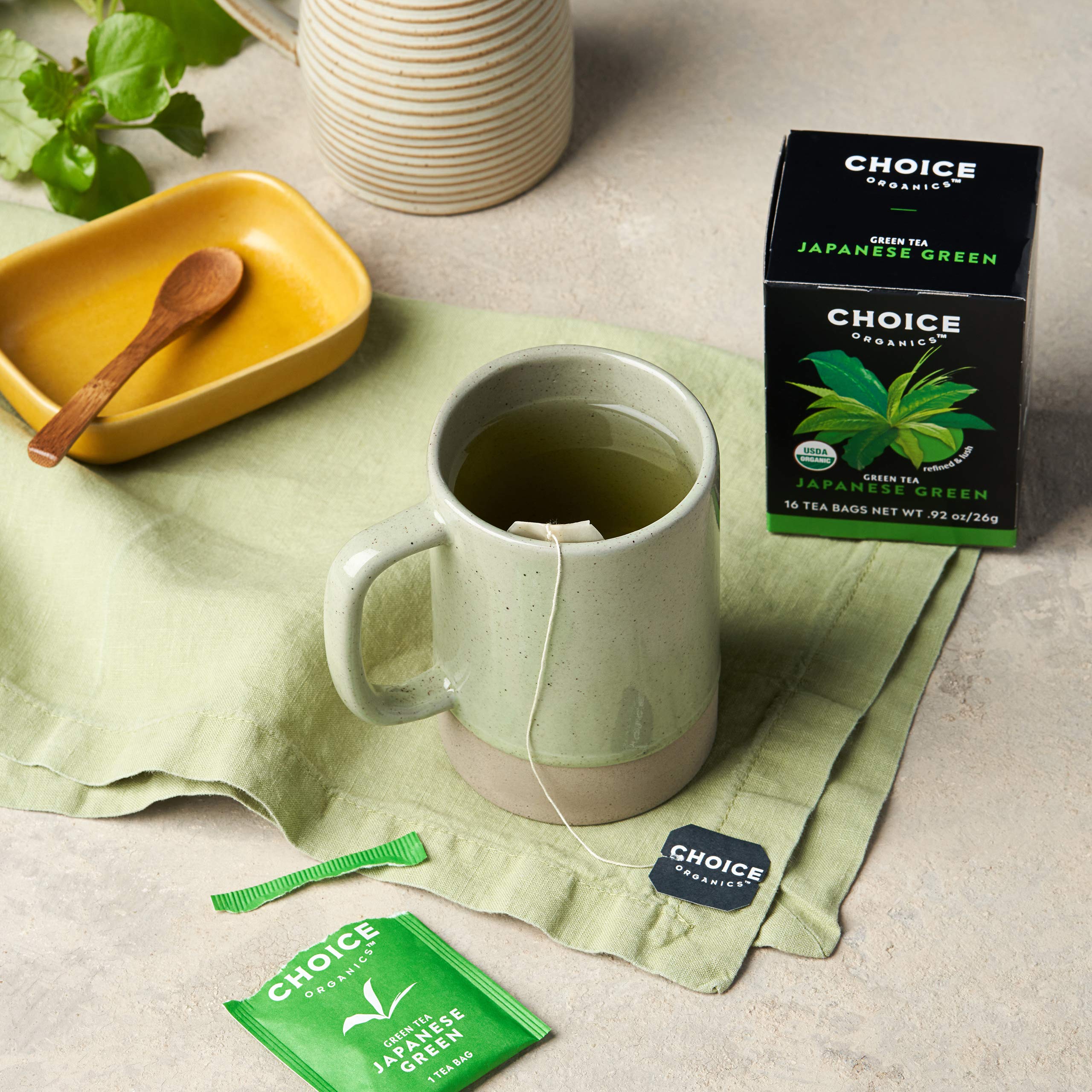 Choice Organic Teas Japanese Green Tea compostable bags emphasize eco-friendly brewing