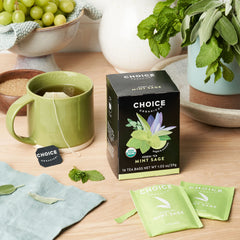 Choice Organic Teas Mint Sage Tea compostable bags emphasize eco-friendly packaging and sustainability