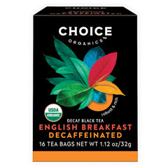 Choice Organic Teas organic decaffeinated English Breakfast tea box, bold flavor with low caffeine